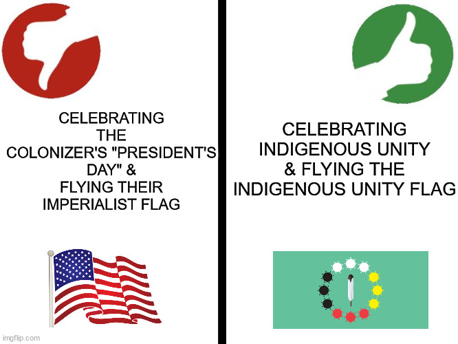 Yes/No meme | CELEBRATING THE COLONIZER'S "PRESIDENT'S DAY" & FLYING THEIR IMPERIALIST FLAG; CELEBRATING INDIGENOUS UNITY & FLYING THE INDIGENOUS UNITY FLAG | image tagged in yes/no meme,presidents day,indigenous unity flag,american flag | made w/ Imgflip meme maker