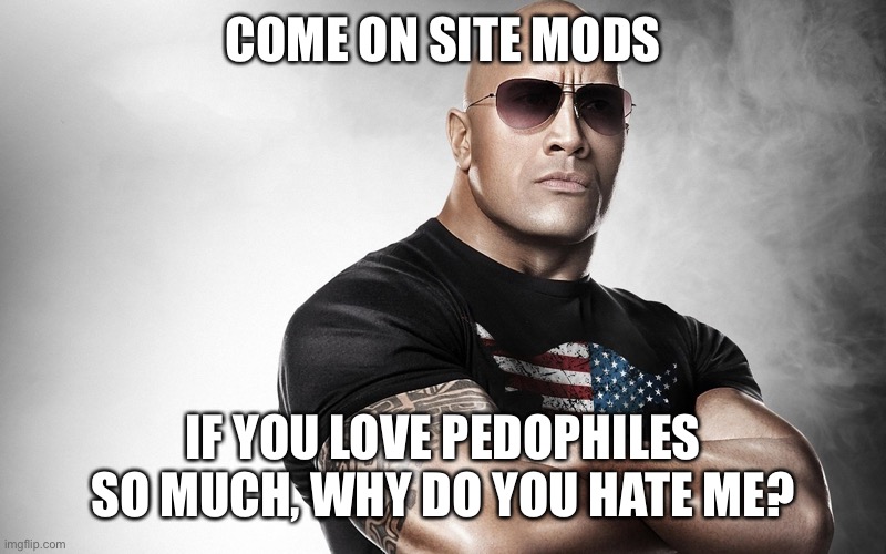 dwayne johnson | COME ON SITE MODS; IF YOU LOVE PEDOPHILES SO MUCH, WHY DO YOU HATE ME? | image tagged in dwayne johnson | made w/ Imgflip meme maker