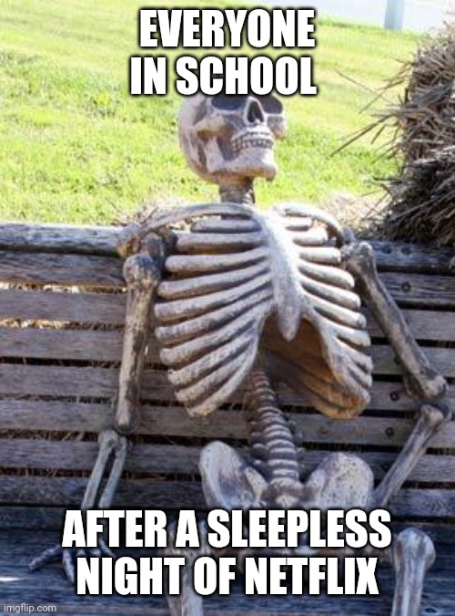 First lesson in school | EVERYONE IN SCHOOL; AFTER A SLEEPLESS NIGHT OF NETFLIX | image tagged in memes,waiting skeleton | made w/ Imgflip meme maker