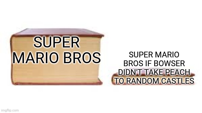 I can relate | SUPER MARIO BROS; SUPER MARIO BROS IF BOWSER DIDN'T TAKE PEACH TO RANDOM CASTLES | image tagged in big book small book | made w/ Imgflip meme maker
