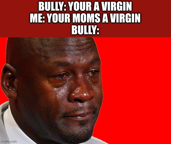 E |  BULLY: YOUR A VIRGIN
ME: YOUR MOMS A VIRGIN
BULLY: | image tagged in crying michael jordan | made w/ Imgflip meme maker