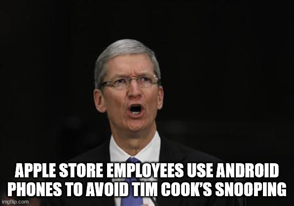 And we know who Tim works for | APPLE STORE EMPLOYEES USE ANDROID PHONES TO AVOID TIM COOK’S SNOOPING | image tagged in tim cook,snoop,android,phone,iphone | made w/ Imgflip meme maker