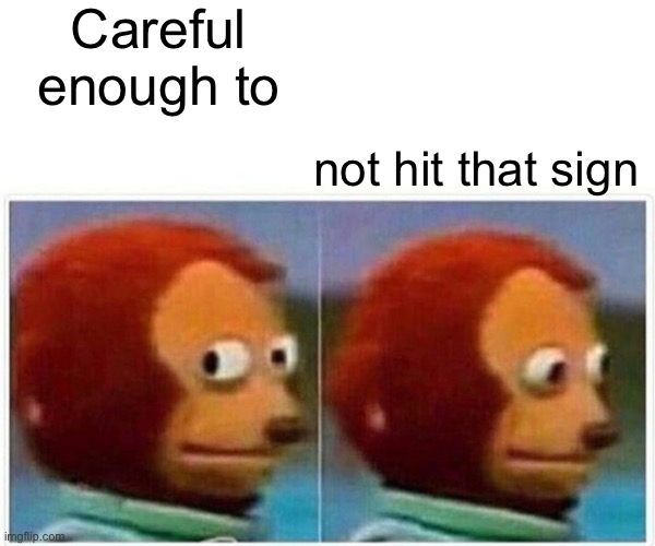 Monkey Puppet Meme | Careful enough to not hit that sign | image tagged in memes,monkey puppet | made w/ Imgflip meme maker