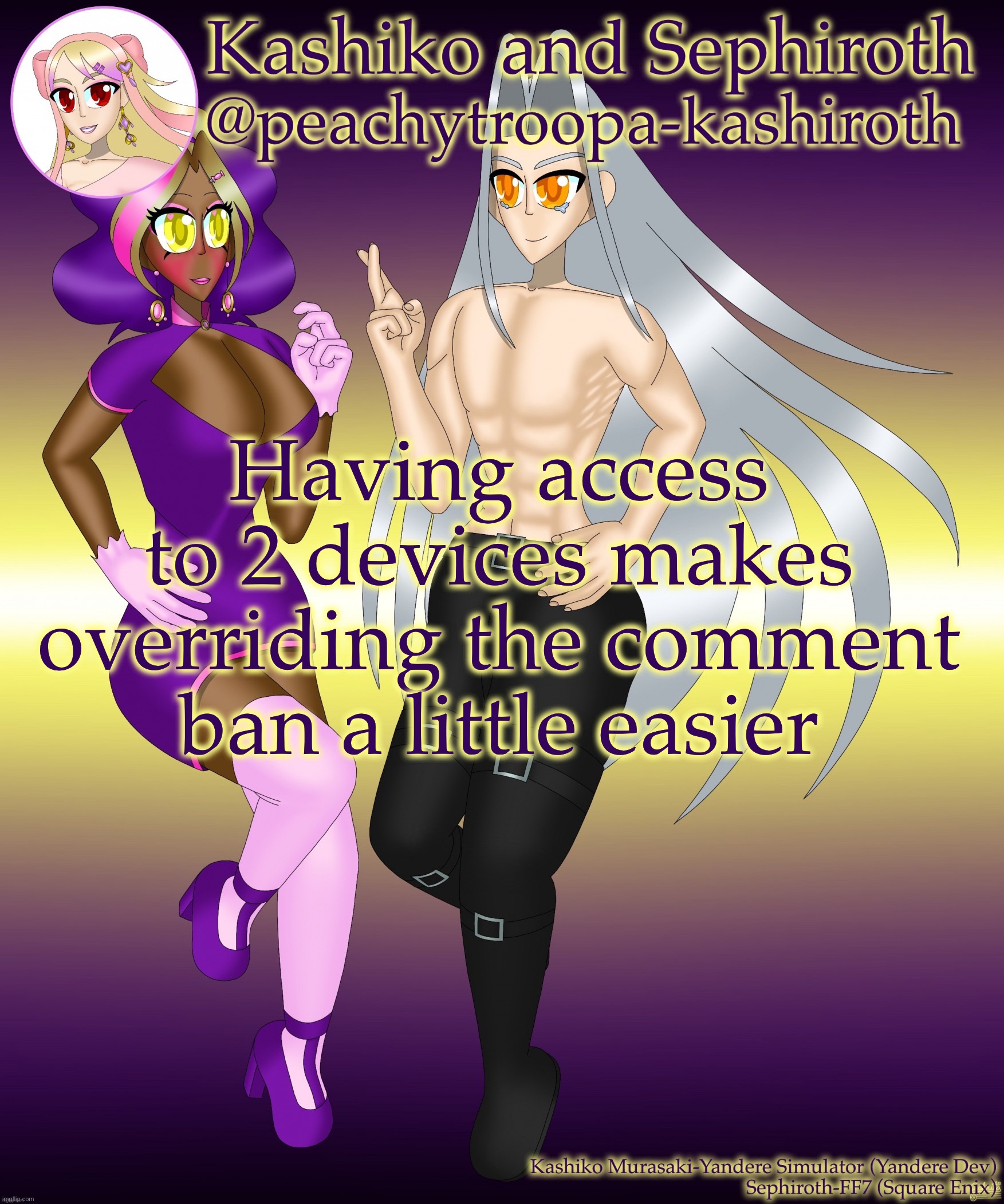Anyway linear functions and equations are boring | Having access to 2 devices makes overriding the comment ban a little easier | image tagged in kashiko murasaki and sephiroth | made w/ Imgflip meme maker
