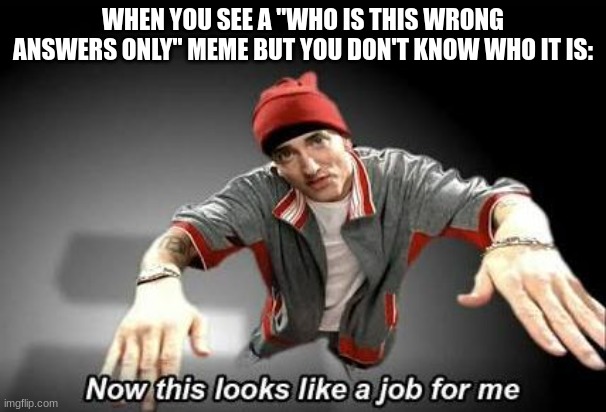 Now this looks like a job for me | WHEN YOU SEE A "WHO IS THIS WRONG ANSWERS ONLY" MEME BUT YOU DON'T KNOW WHO IT IS: | image tagged in now this looks like a job for me | made w/ Imgflip meme maker