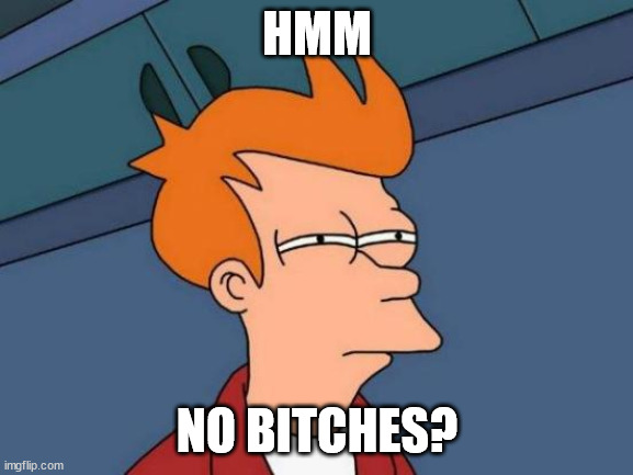 No Bitches? | HMM; NO BITCHES? | image tagged in memes,futurama fry | made w/ Imgflip meme maker
