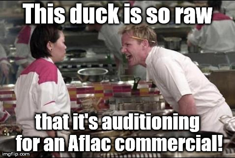 Gilbert Gottfried is doing the voice! | This duck is so raw that it's auditioning for an Aflac commercial! | image tagged in memes,angry chef gordon ramsay | made w/ Imgflip meme maker
