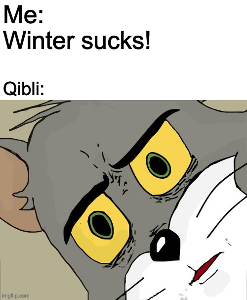 Quick WOF meme #3 | Me: Winter sucks! Qibli: | image tagged in memes,unsettled tom | made w/ Imgflip meme maker