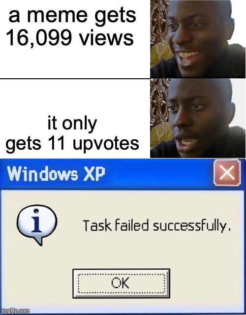 Thats an odd thing to happen |  a meme gets 16,099 views; it only gets 11 upvotes | image tagged in disappointed black guy,task failed successfully,funny memes,fun,imgflip | made w/ Imgflip meme maker
