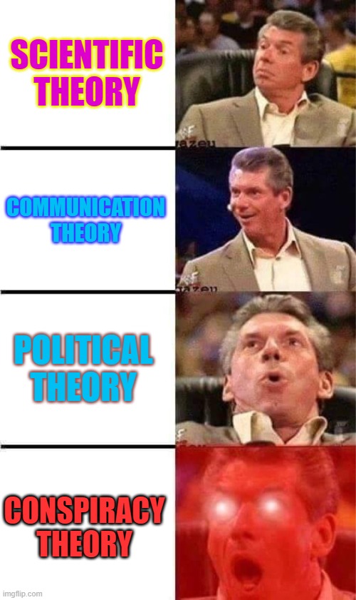 Conspiracy Theory | SCIENTIFIC THEORY; COMMUNICATION THEORY; POLITICAL THEORY; CONSPIRACY THEORY | image tagged in vince mcmahon reaction w/glowing eyes | made w/ Imgflip meme maker