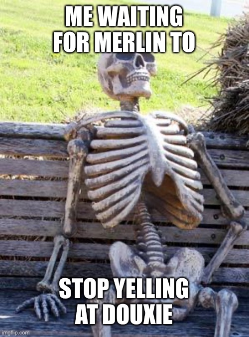 Douxie | ME WAITING FOR MERLIN TO; STOP YELLING AT DOUXIE | image tagged in memes,waiting skeleton | made w/ Imgflip meme maker