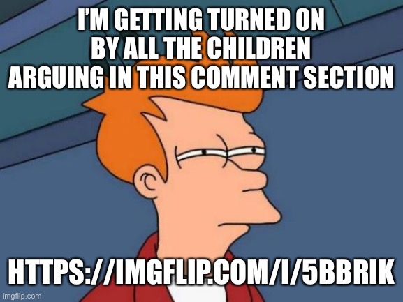 Futurama Fry Meme | I’M GETTING TURNED ON BY ALL THE CHILDREN ARGUING IN THIS COMMENT SECTION; HTTPS://IMGFLIP.COM/I/5BBRIK | image tagged in memes,futurama fry | made w/ Imgflip meme maker