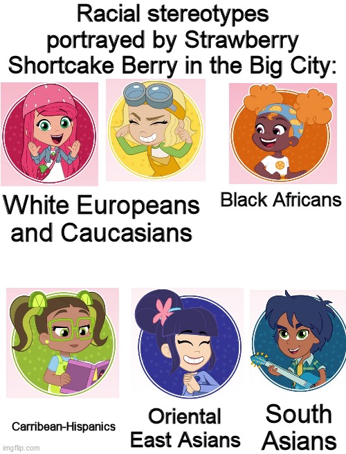 Strawberry Shortcake: Berry in the Big City racial stereotype portrayls | Racial stereotypes portrayed by Strawberry Shortcake Berry in the Big City:; Black Africans; White Europeans and Caucasians; South Asians; Carribean-Hispanics; Oriental East Asians | image tagged in strawberry shortcake,strawberry shortcake berry in the big city,not racist,memes | made w/ Imgflip meme maker