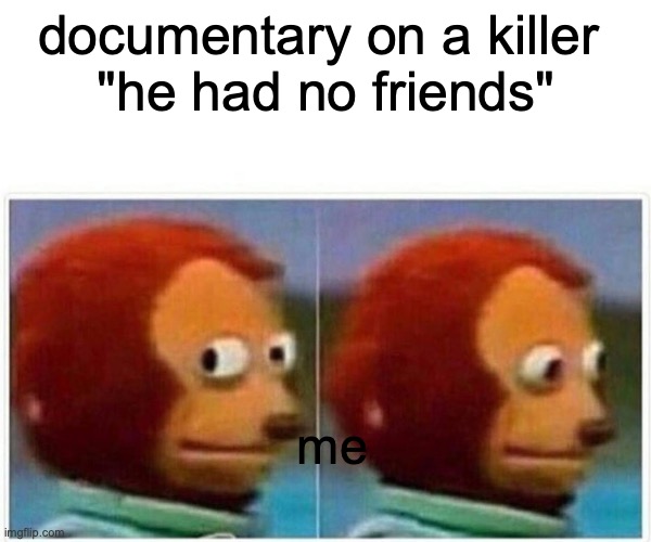 Monkey Puppet |  documentary on a killer 
"he had no friends"; me | image tagged in memes,monkey puppet | made w/ Imgflip meme maker