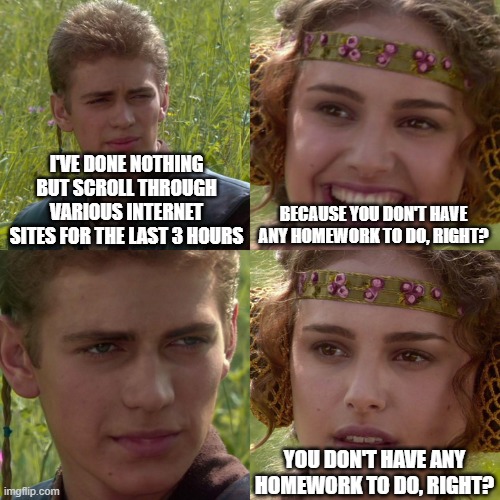 "Bold of you to assume I keep track of my assignments" | I'VE DONE NOTHING BUT SCROLL THROUGH VARIOUS INTERNET SITES FOR THE LAST 3 HOURS; BECAUSE YOU DON'T HAVE ANY HOMEWORK TO DO, RIGHT? YOU DON'T HAVE ANY HOMEWORK TO DO, RIGHT? | image tagged in anakin padme 4 panel,memes | made w/ Imgflip meme maker