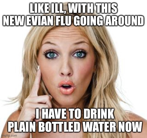 Dumb blonde | LIKE ILL, WITH THIS NEW EVIAN FLU GOING AROUND; I HAVE TO DRINK PLAIN BOTTLED WATER NOW | image tagged in dumb blonde,memes,funny,terrible puns,new normal | made w/ Imgflip meme maker