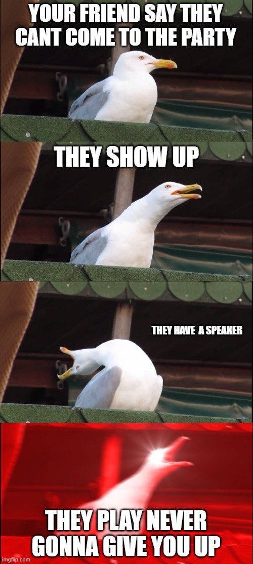 Inhaling Seagull | YOUR FRIEND SAY THEY CANT COME TO THE PARTY; THEY SHOW UP; THEY HAVE  A SPEAKER; THEY PLAY NEVER GONNA GIVE YOU UP | image tagged in memes,inhaling seagull | made w/ Imgflip meme maker