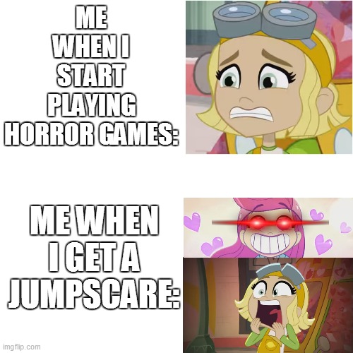 Lemon Meringue plays a random horror game | ME WHEN I START PLAYING HORROR GAMES:; ME WHEN I GET A JUMPSCARE: | image tagged in memes,funny,funny memes,horror,strawberry shortcake,strawberry shortcake berry in the big city | made w/ Imgflip meme maker