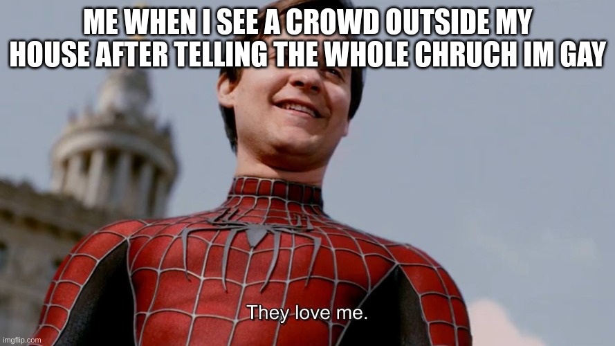 not irl never ever | ME WHEN I SEE A CROWD OUTSIDE MY HOUSE AFTER TELLING THE WHOLE CHURCH I'M GAY | image tagged in they love me | made w/ Imgflip meme maker