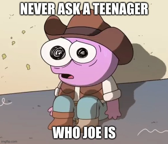 trust me | NEVER ASK A TEENAGER; WHO JOE IS | image tagged in traumatized pim,memes,funny | made w/ Imgflip meme maker