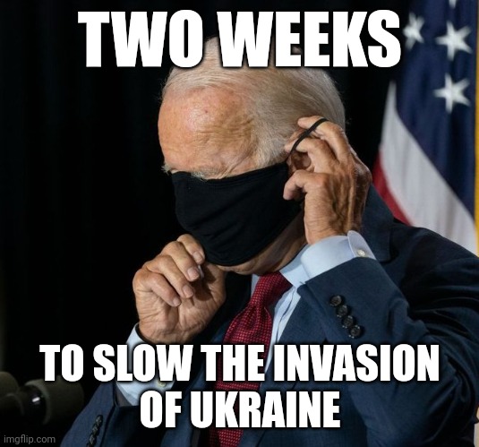 Biden mask | TWO WEEKS; TO SLOW THE INVASION
OF UKRAINE | image tagged in biden mask | made w/ Imgflip meme maker
