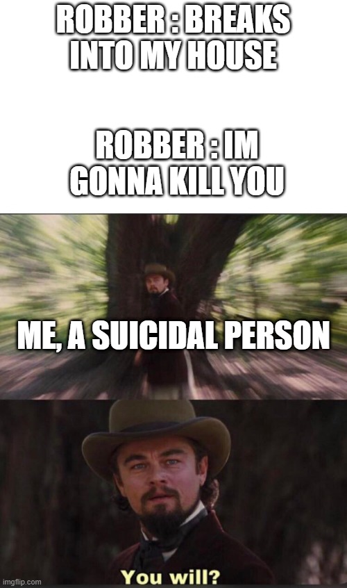 You will? Leonardo, django | ROBBER : BREAKS INTO MY HOUSE; ROBBER : IM GONNA KILL YOU; ME, A SUICIDAL PERSON | image tagged in you will leonardo django | made w/ Imgflip meme maker