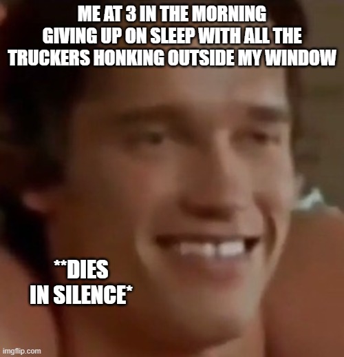 Dies | ME AT 3 IN THE MORNING GIVING UP ON SLEEP WITH ALL THE TRUCKERS HONKING OUTSIDE MY WINDOW; **DIES IN SILENCE* | image tagged in smiling jesus | made w/ Imgflip meme maker