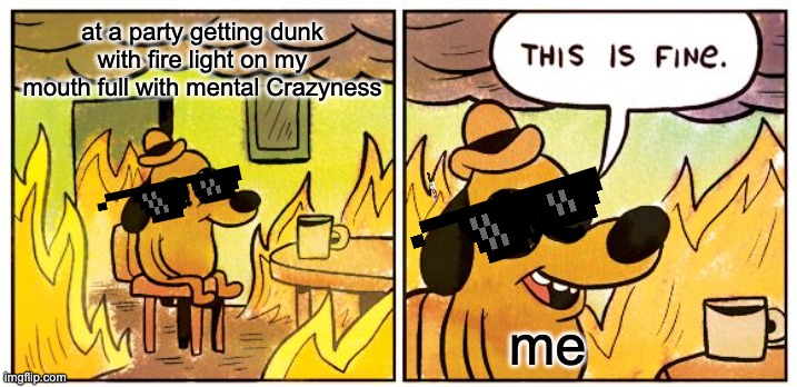 i have mental craziness | at a party getting dunk with fire light on my mouth full with mental Crazyness; me | image tagged in memes,this is fine | made w/ Imgflip meme maker