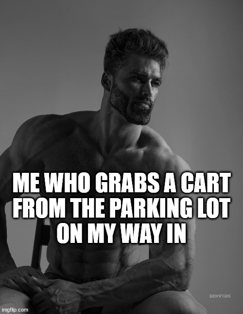 Giga Chad | ME WHO GRABS A CART
FROM THE PARKING LOT
ON MY WAY IN | image tagged in giga chad | made w/ Imgflip meme maker