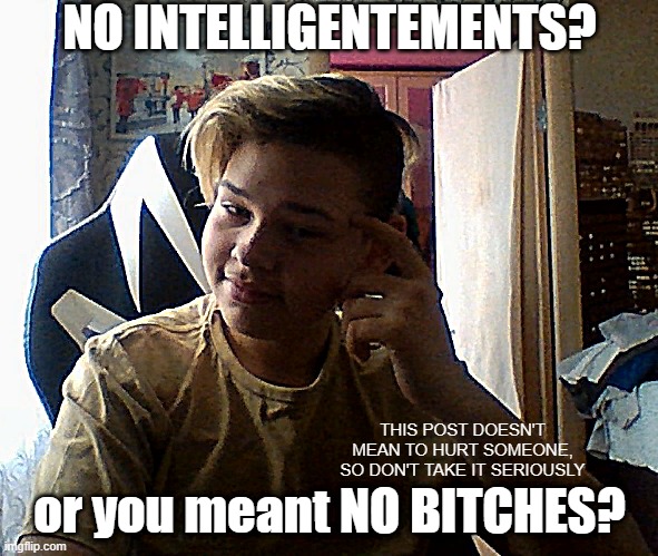 no intelligentements? | NO INTELLIGENTEMENTS? THIS POST DOESN'T MEAN TO HURT SOMEONE, SO DON'T TAKE IT SERIOUSLY; or you meant NO BITCHES? | image tagged in russian memer,dont take it seriously,no bitches | made w/ Imgflip meme maker
