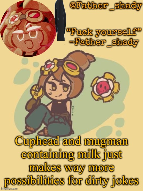 Another croissant lady temp (thank you sayore) | Cuphead and mugman containing milk just makes way more possibilities for dirty jokes | image tagged in another croissant lady temp thank you sayore | made w/ Imgflip meme maker