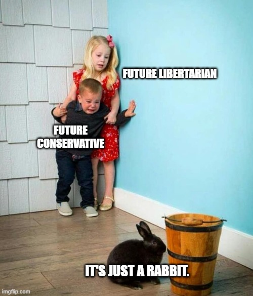 Conservative brains are hardwired to be awash in fear. | FUTURE LIBERTARIAN; FUTURE CONSERVATIVE; IT'S JUST A RABBIT. | image tagged in children scared of rabbit | made w/ Imgflip meme maker