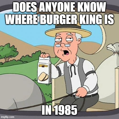 burger king meme | DOES ANYONE KNOW WHERE BURGER KING IS; IN 1985 | image tagged in memes,pepperidge farm remembers,burger king,1980s | made w/ Imgflip meme maker