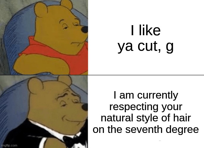 Tuxedo Winnie The Pooh Meme | I like ya cut, g; I am currently respecting your natural style of hair on the seventh degree | image tagged in memes,tuxedo winnie the pooh,i like ya cut g | made w/ Imgflip meme maker