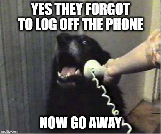 I Think You Forgot Something | YES THEY FORGOT TO LOG OFF THE PHONE; NOW GO AWAY | image tagged in yes this is dog,call center rep,i think i forgot something,never forget,i forgot | made w/ Imgflip meme maker