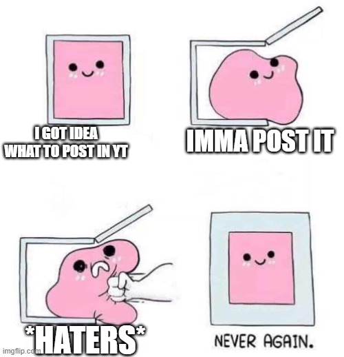 Never again | I GOT IDEA WHAT TO POST IN YT; IMMA POST IT; *HATERS* | image tagged in never again | made w/ Imgflip meme maker