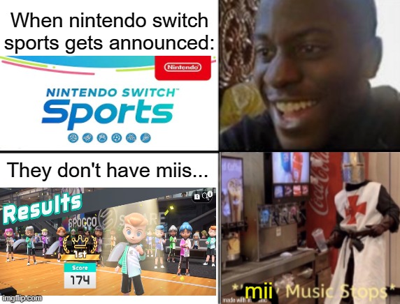 I think there is something REALLY wrong with this new switch game... | When nintendo switch sports gets announced:; They don't have miis... mii | image tagged in oh yeah oh no,nintendo,wii sports,holy music stops,memes,funny memes | made w/ Imgflip meme maker