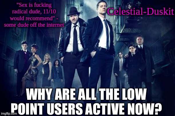 Duskit’s Gotham temp | WHY ARE ALL THE LOW POINT USERS ACTIVE NOW? | image tagged in duskit s gotham temp | made w/ Imgflip meme maker