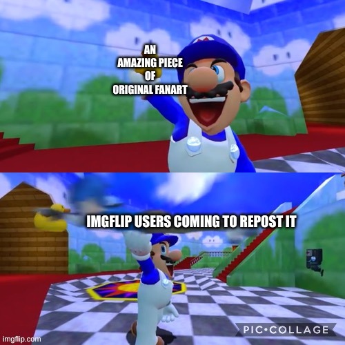 please stop doing that | AN AMAZING PIECE OF ORIGINAL FANART; IMGFLIP USERS COMING TO REPOST IT | image tagged in smg4 holding up a duck,memes | made w/ Imgflip meme maker