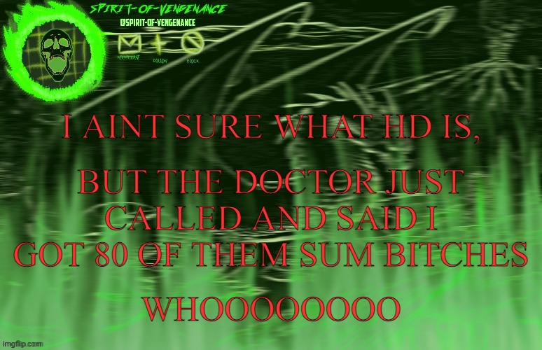 Spirit-of-Vengeance Template, Courtesy of The-Lunatic-Cultist | I AINT SURE WHAT HD IS, BUT THE DOCTOR JUST CALLED AND SAID I GOT 80 OF THEM SUM BITCHES; WHOOOOOOOO | image tagged in spirit-of-vengeance template courtesy of the-lunatic-cultist | made w/ Imgflip meme maker