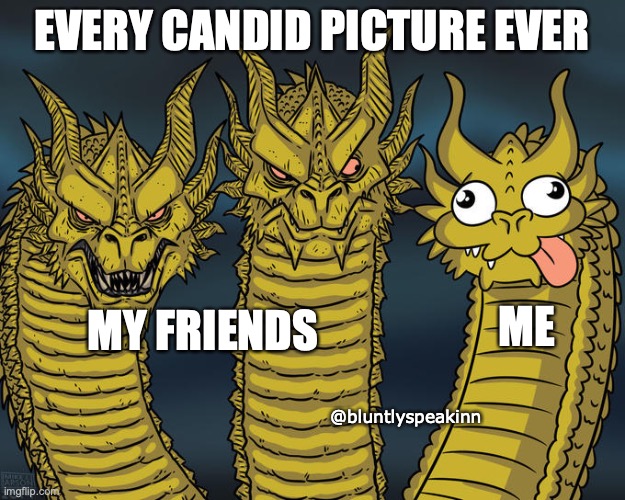 sigh. enough said. | EVERY CANDID PICTURE EVER; ME; MY FRIENDS; @bluntlyspeakinn | image tagged in three-headed dragon | made w/ Imgflip meme maker