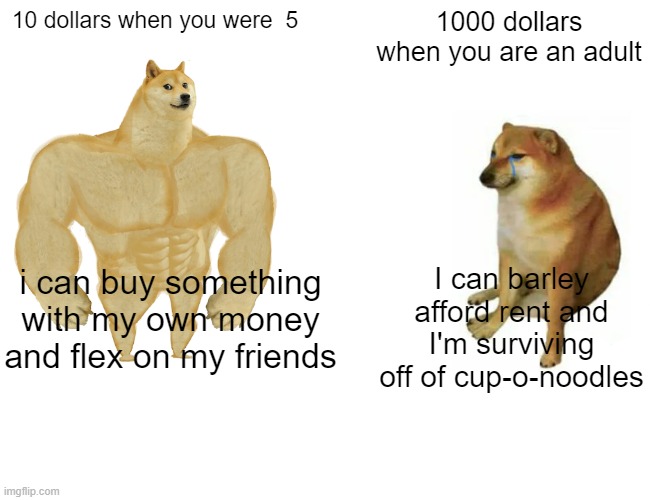 Buff Doge vs. Cheems Meme | 10 dollars when you were  5; 1000 dollars when you are an adult; I can barley afford rent and I'm surviving off of cup-o-noodles; i can buy something with my own money and flex on my friends | image tagged in memes,buff doge vs cheems | made w/ Imgflip meme maker