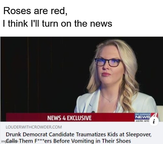 Roses are red, I think I'll turn on the news | image tagged in memes,news,drunk,democrat,sleepover,vomit | made w/ Imgflip meme maker