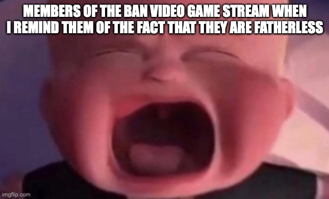 boss baby crying | MEMBERS OF THE BAN VIDEO GAME STREAM WHEN I REMIND THEM OF THE FACT THAT THEY ARE FATHERLESS | image tagged in boss baby crying | made w/ Imgflip meme maker