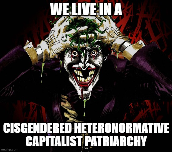 Joker | WE LIVE IN A; CISGENDERED HETERONORMATIVE CAPITALIST PATRIARCHY | image tagged in joker | made w/ Imgflip meme maker