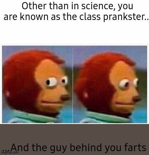 The science teacher is EXTREMELY touchy |  Other than in science, you are known as the class prankster... ...And the guy behind you farts | image tagged in memes,monkey puppet | made w/ Imgflip meme maker