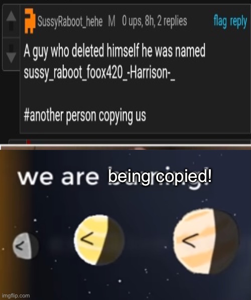 wut is happening | being copied! | image tagged in we are being copied | made w/ Imgflip meme maker