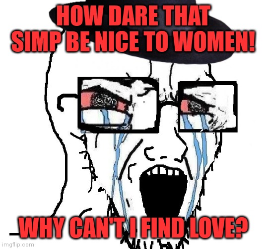 Tiktok incels be like | HOW DARE THAT SIMP BE NICE TO WOMEN! WHY CAN'T I FIND LOVE? | image tagged in redditor,memes,incel | made w/ Imgflip meme maker
