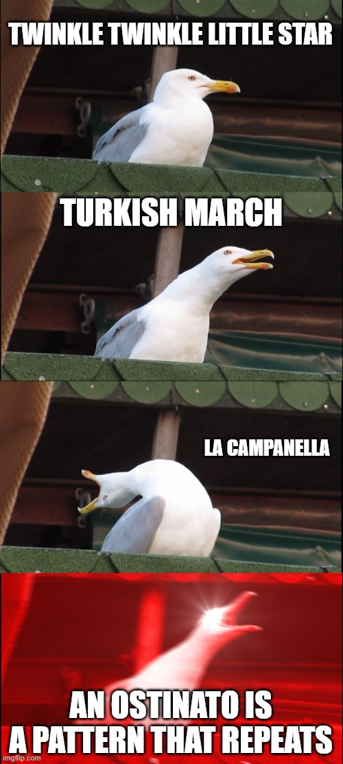 Inhaling Seagull Meme | TWINKLE TWINKLE LITTLE STAR; TURKISH MARCH; LA CAMPANELLA; AN OSTINATO IS A PATTERN THAT REPEATS | image tagged in memes,inhaling seagull | made w/ Imgflip meme maker