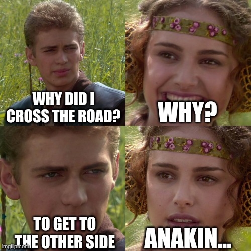 Only StarWars-fans will get this | WHY DID I CROSS THE ROAD? WHY? ANAKIN... TO GET TO THE OTHER SIDE | image tagged in anakin padme 4 panel | made w/ Imgflip meme maker